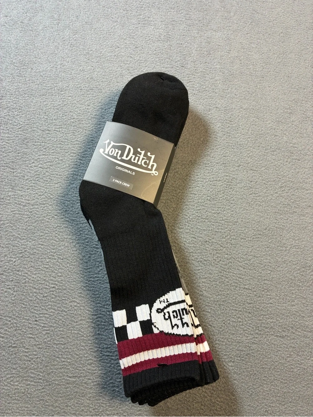 Von Dutch Black Crew Socks with Burgundy & White Stripes